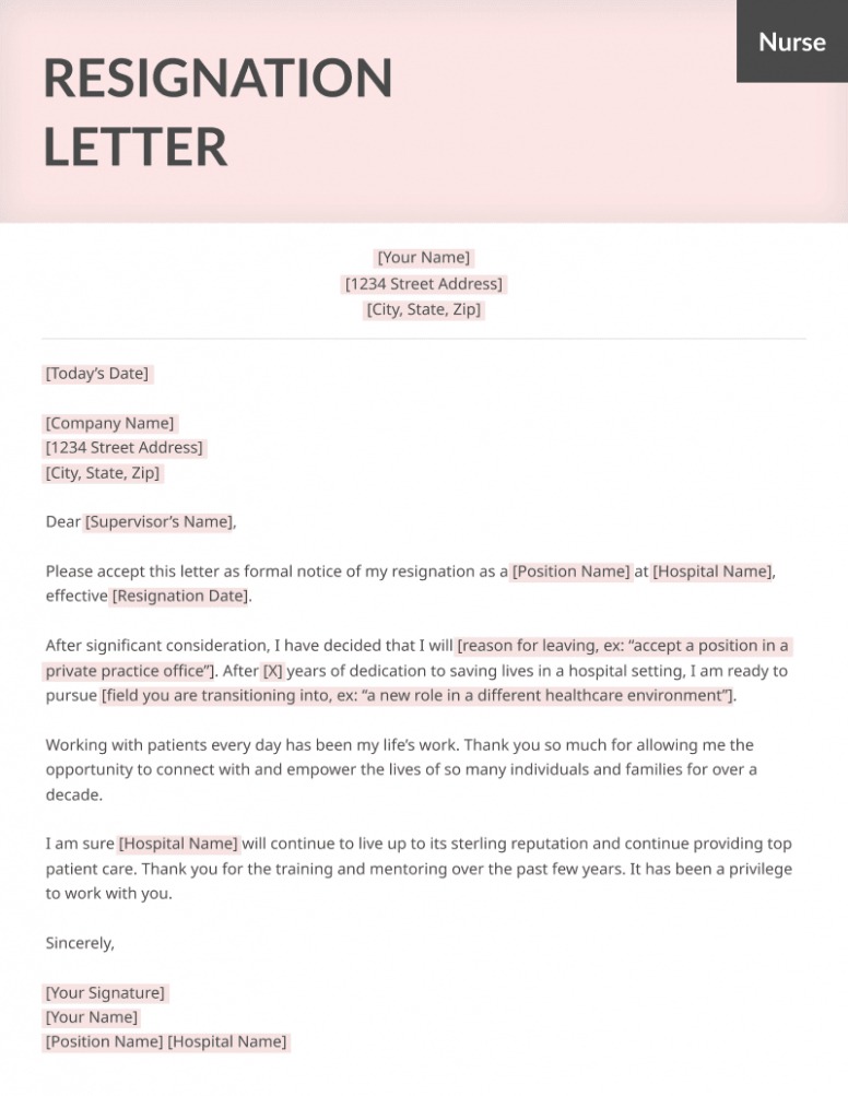 Printable Resignation Letter Sample For Private Duty Nurse Docs