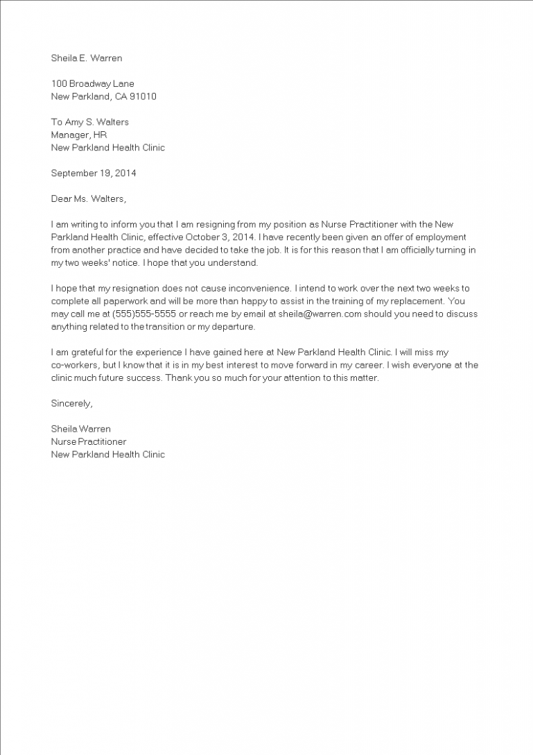 Printable Resignation Letter Template Nurse Practitioner PDF