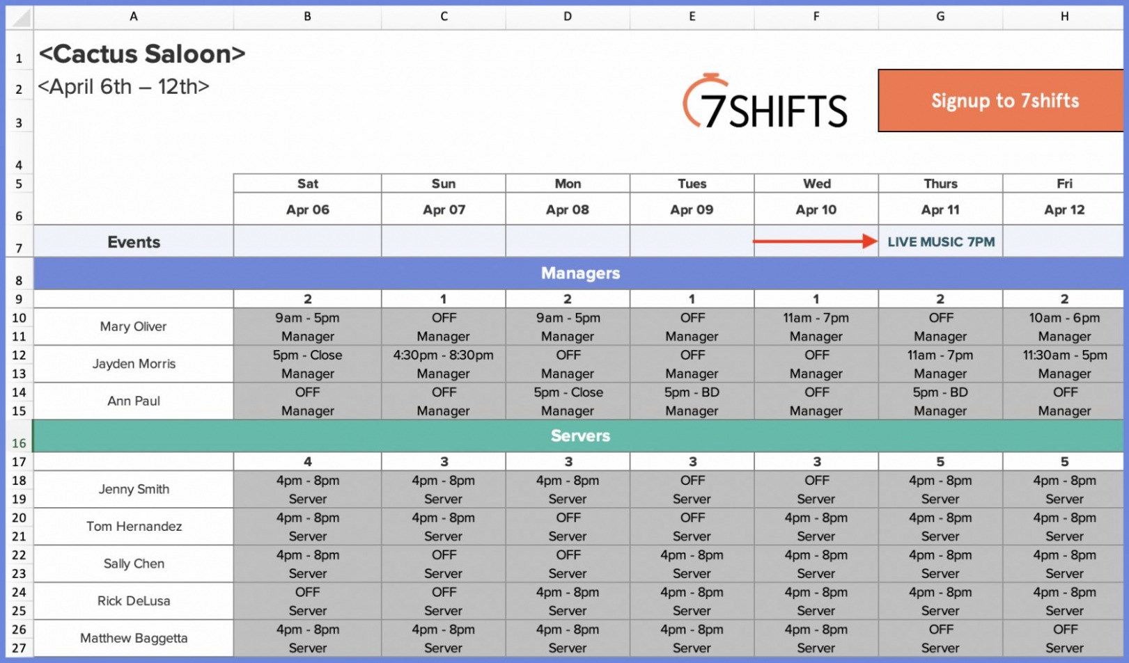 Editable Restaurant Manager Schedule Template Sample