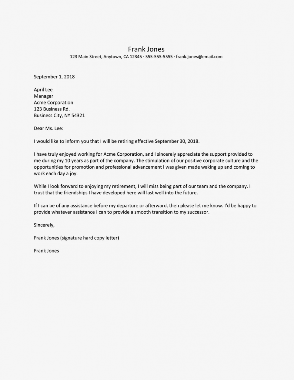 Printable Retirement Resignation Letter Template PDF