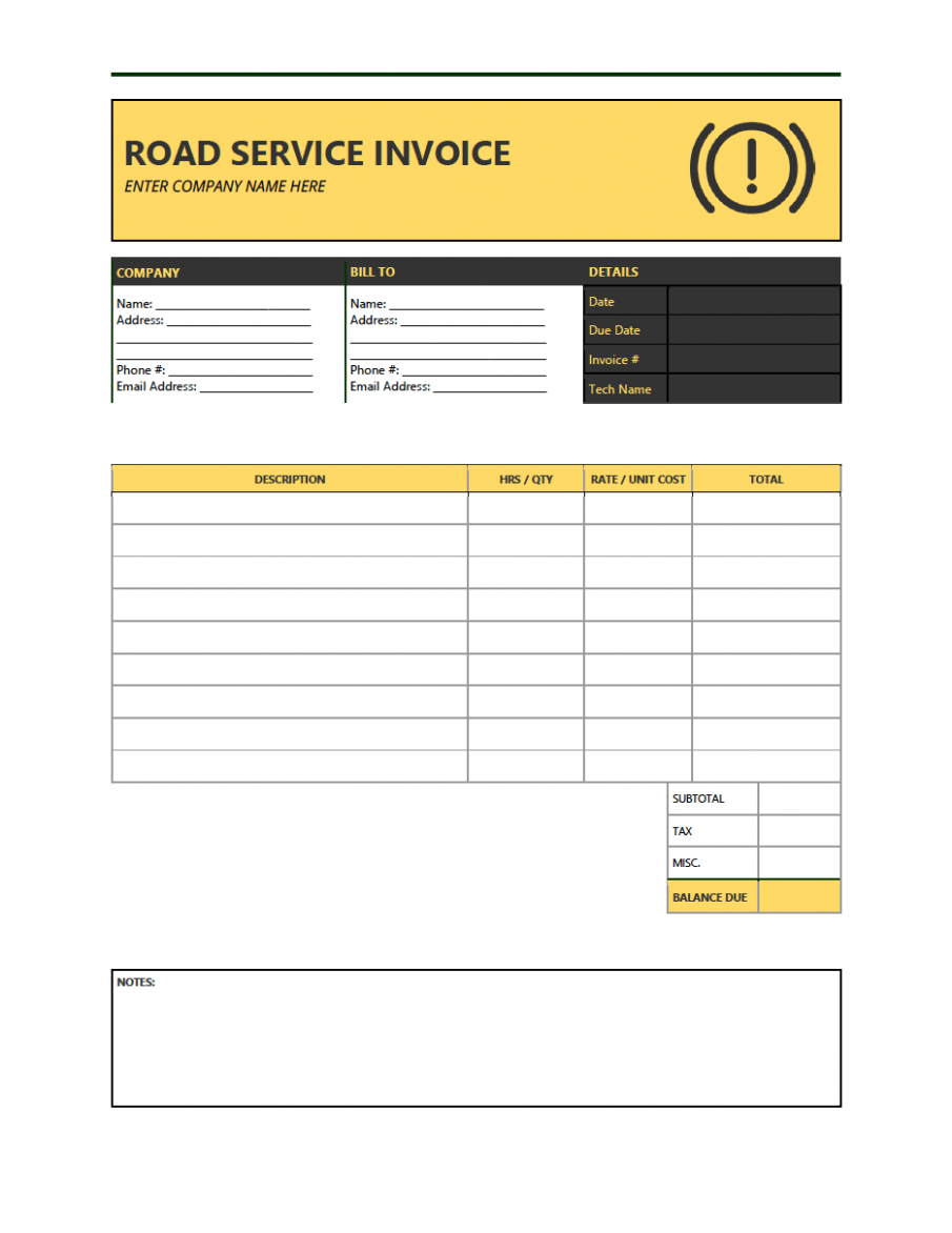 Editable Road Service Invoice Template PPT