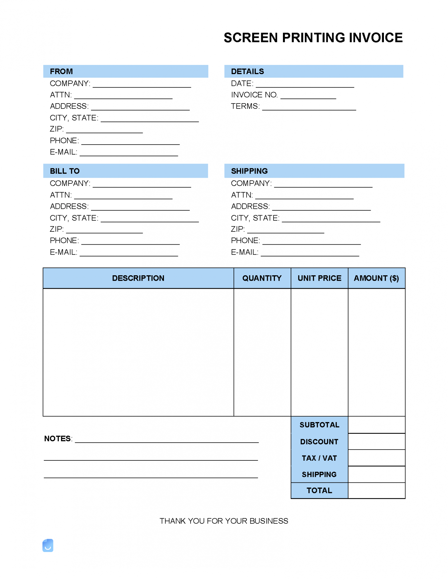 Editable Screen Printing Invoice Template PDF