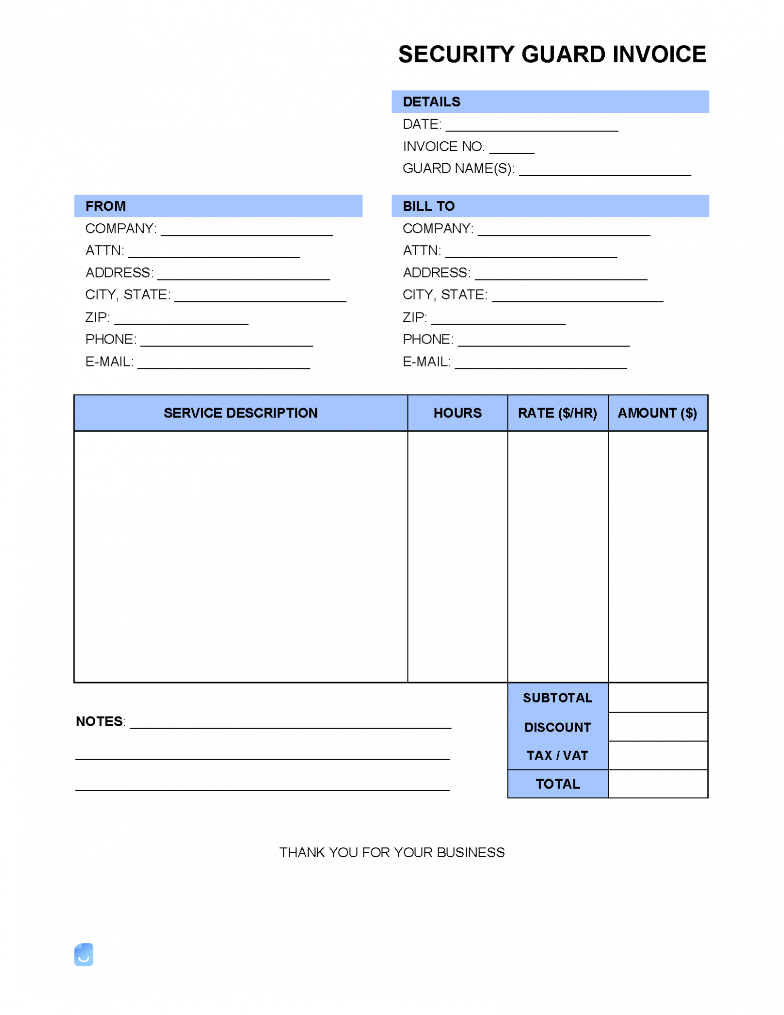 Printable Security Guard Services Invoice Template 