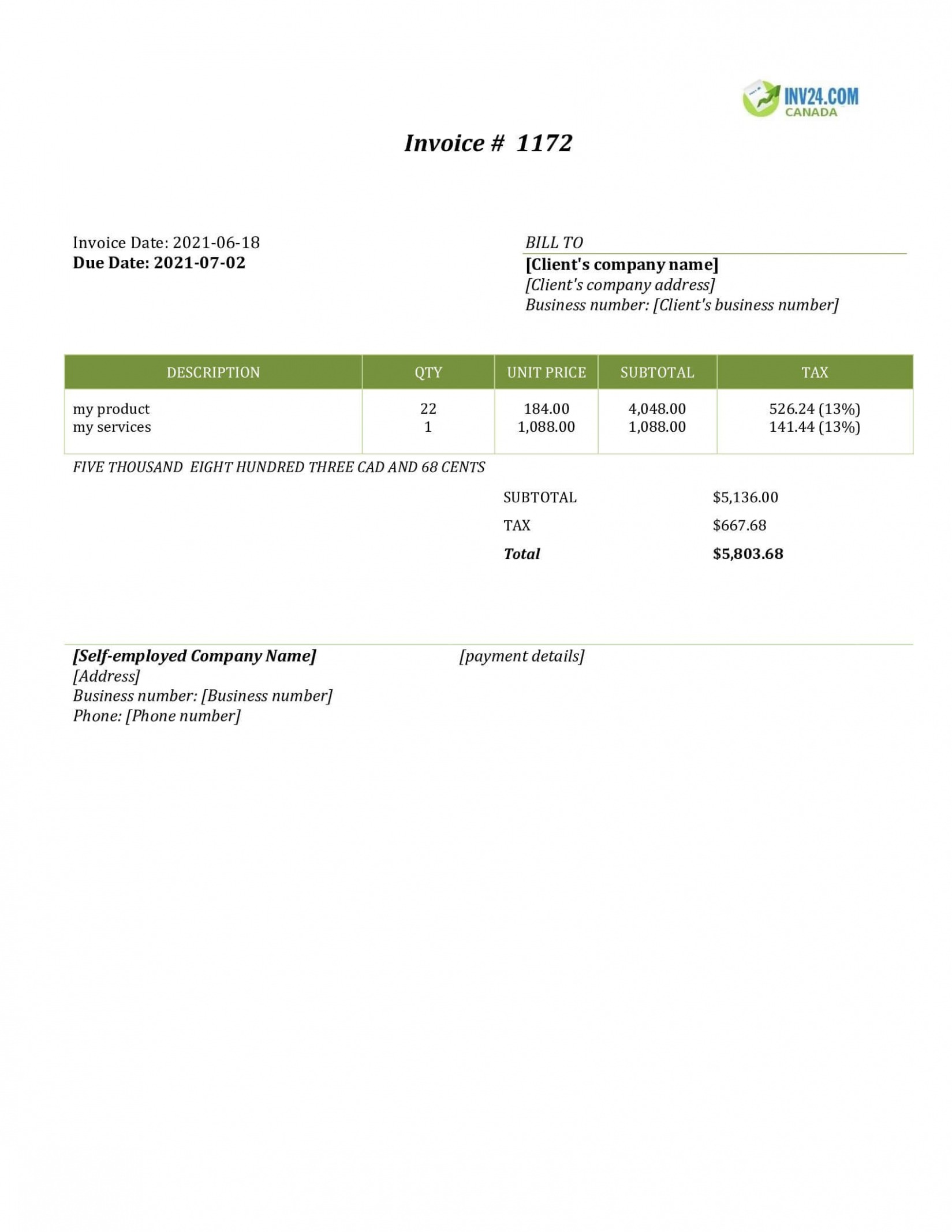 Printable Self Employed Invoice Template Canada 