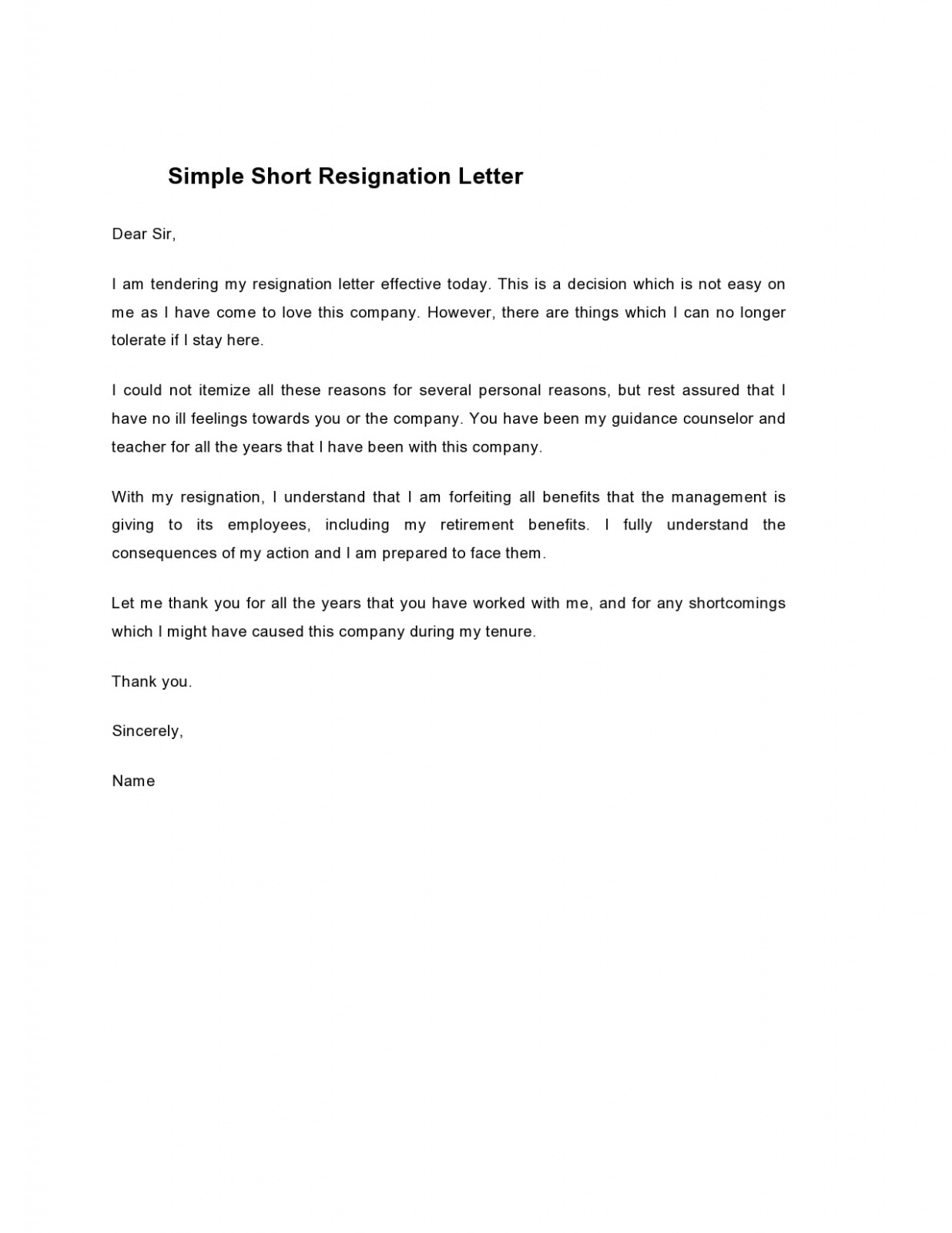 Editable Short Notice Resignation Letter Template Word