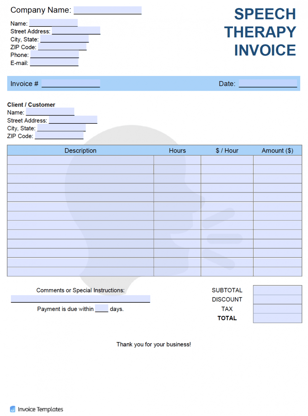 Printable Speech Therapy Invoice Template 