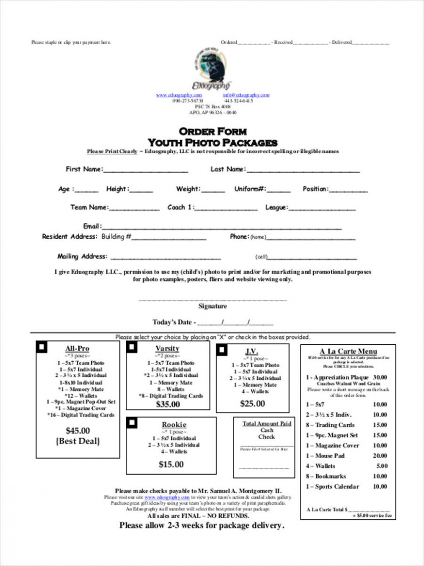 Editable Sports Pography Order Form Template Doc