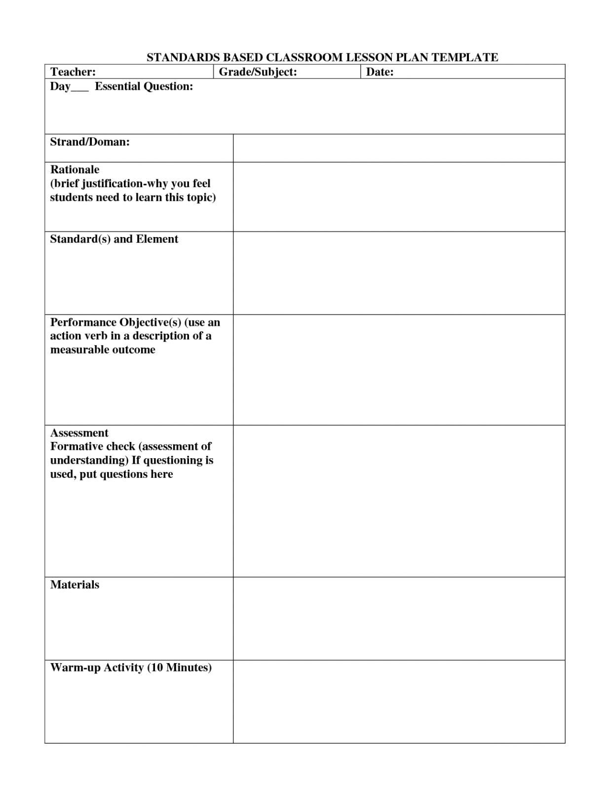 Printable Standards Based Lesson Plan Template Sample