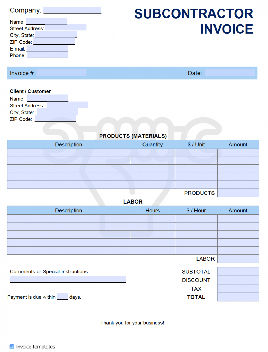 Sample Subcontractor Invoice Template Doc