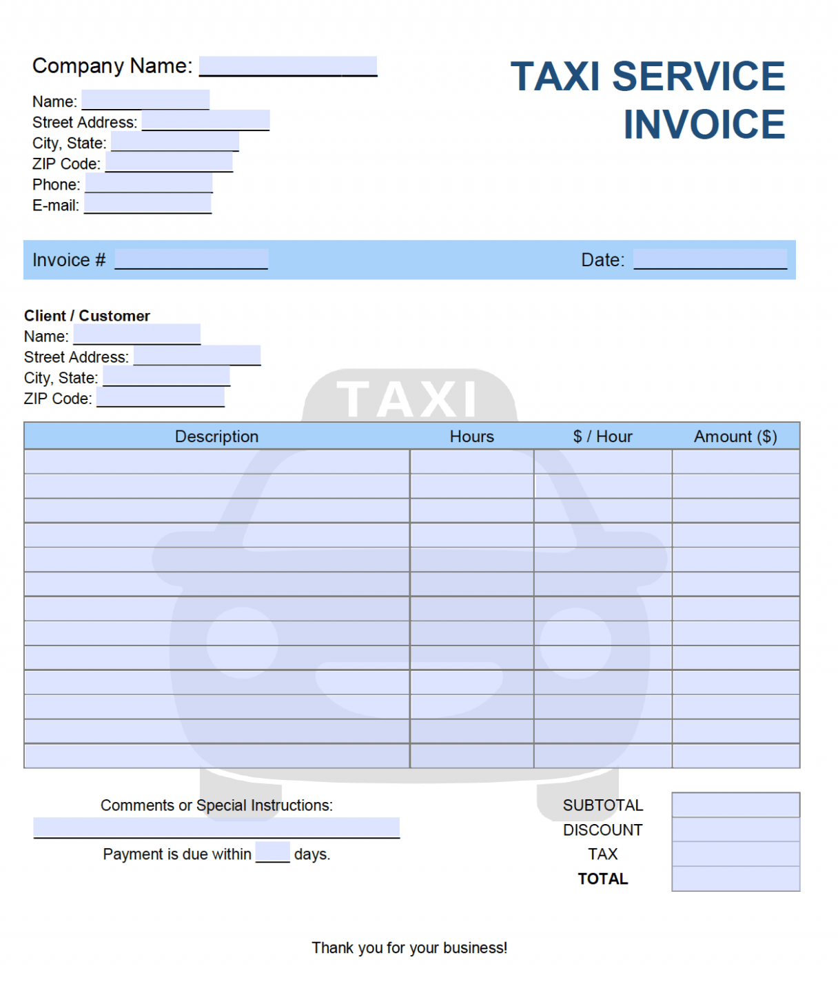 Printable Taxi Service Invoice Template Excel