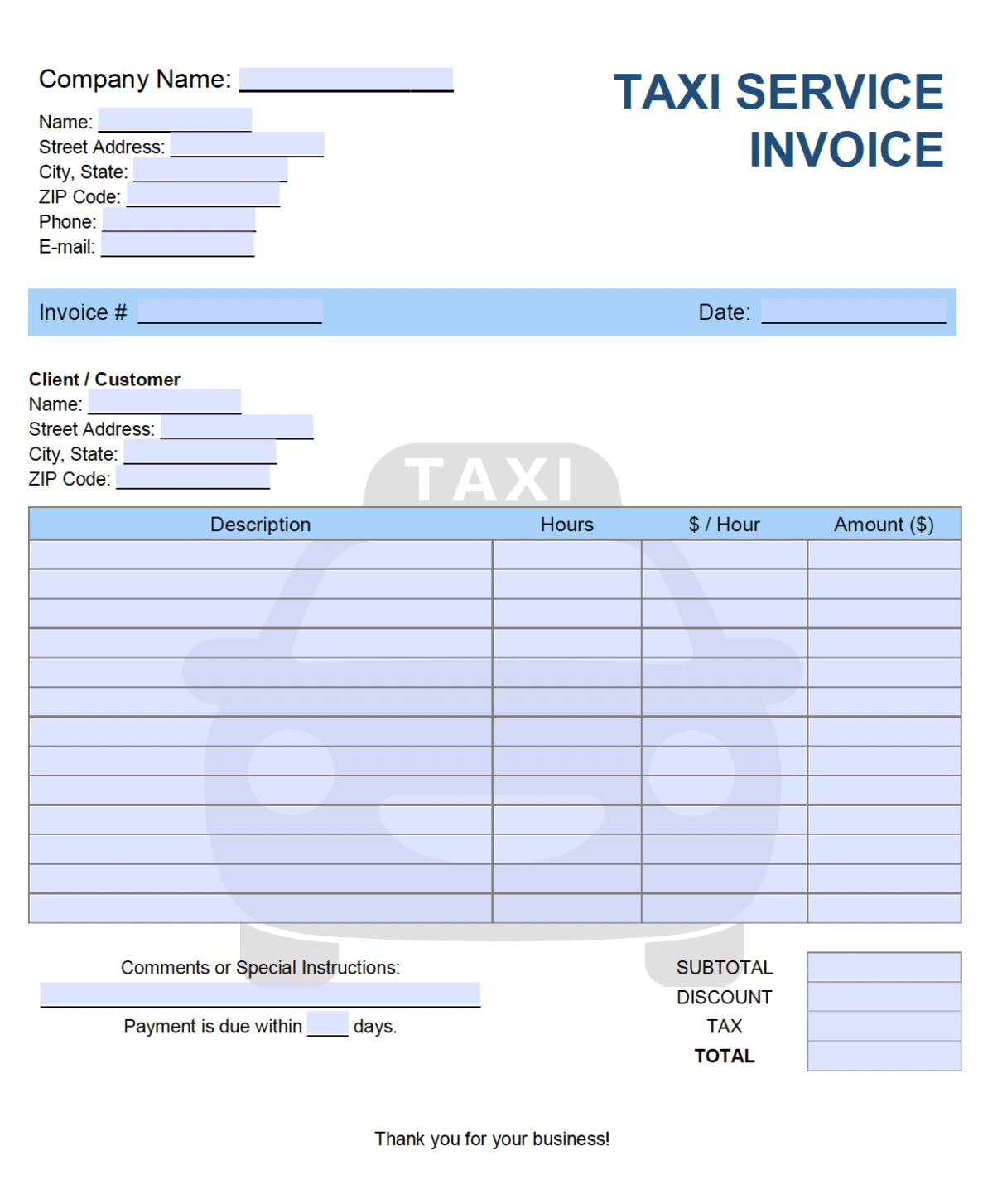 Printable Taxi Service Invoice Template Excel Printable Taxi Service Invoice Template Excel