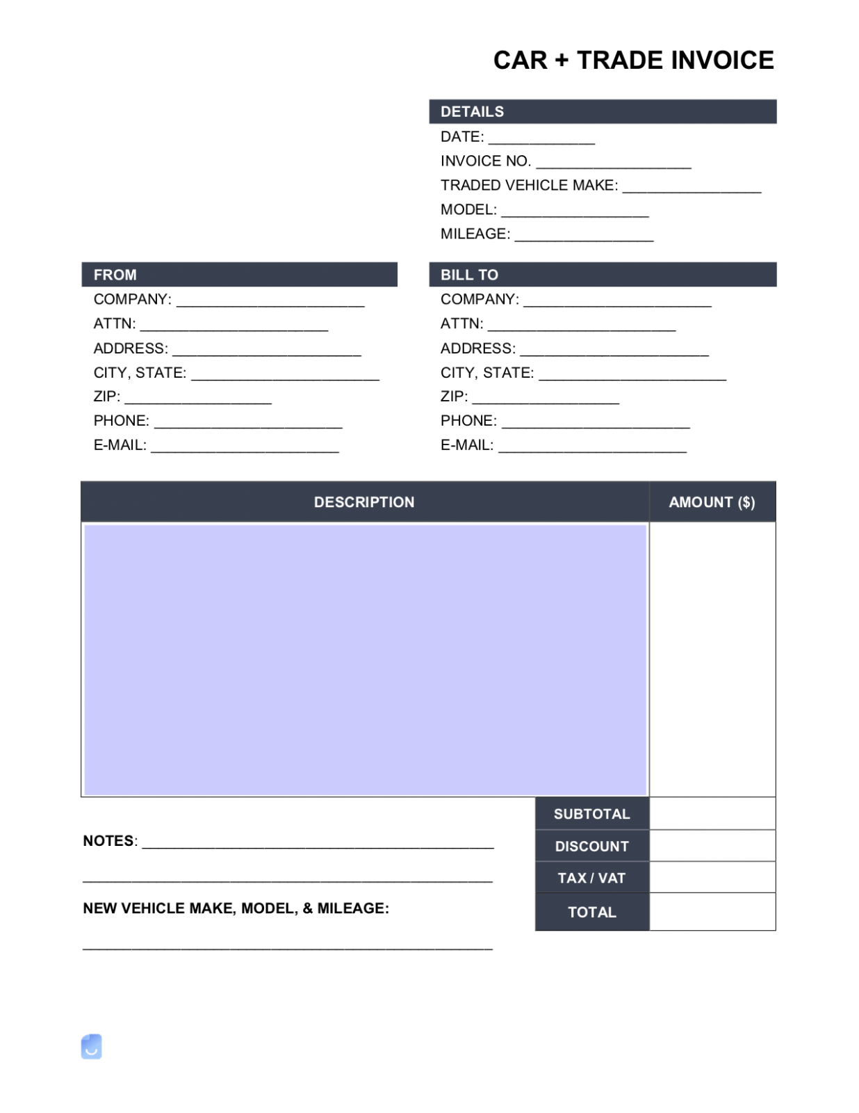 Editable Trade Car Sale Invoice Template Sample