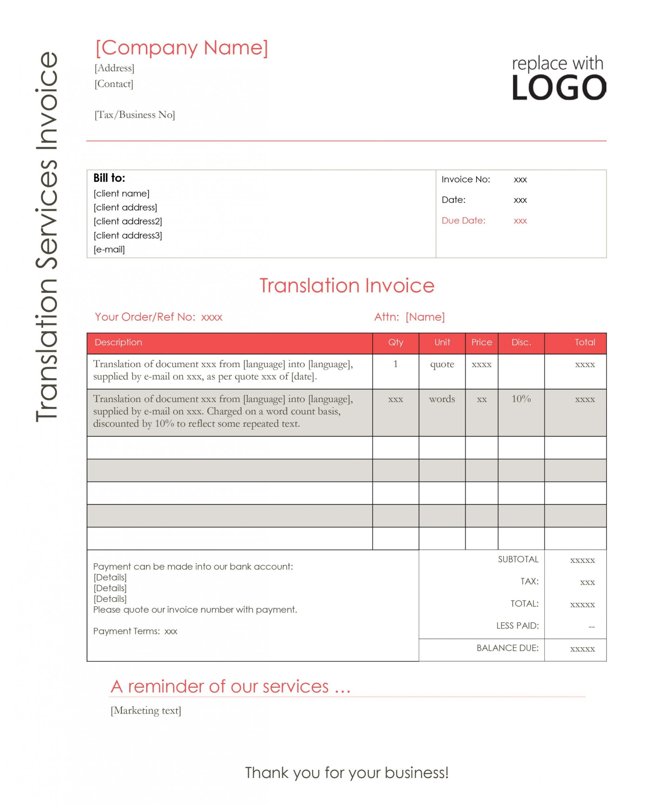 Sample Translation Service Invoice Template Excel