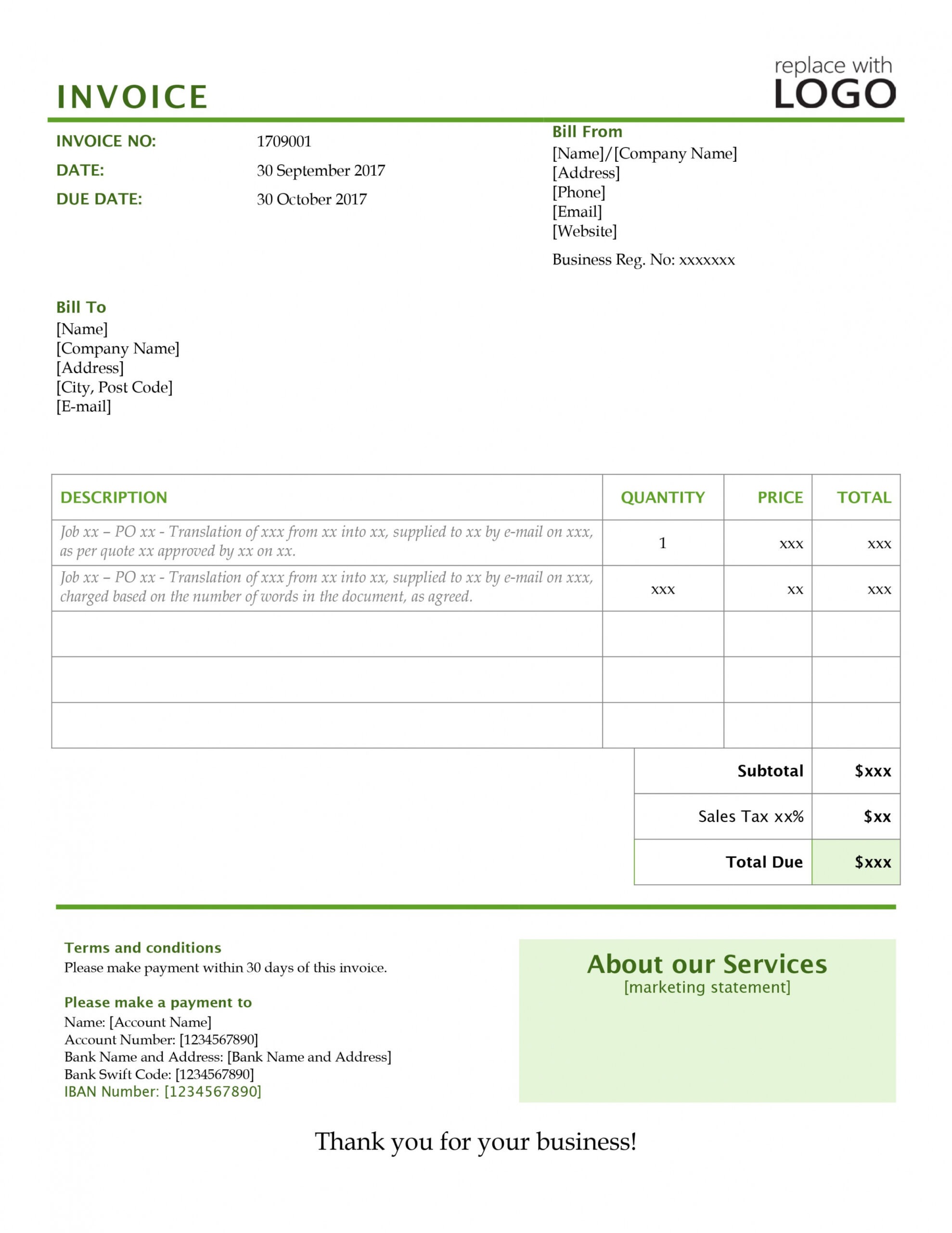 Editable Translation Service Invoice Template Doc