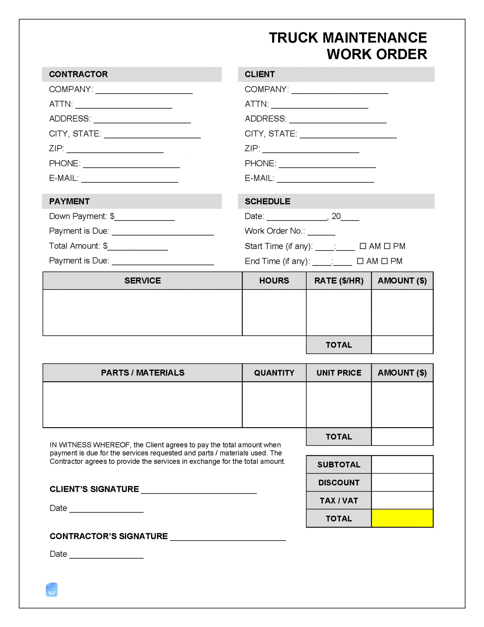 Editable Truck Repair Work Order Template Doc