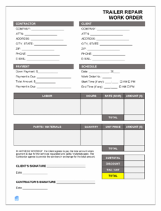 Printable Truck Repair Work Order Template Excel