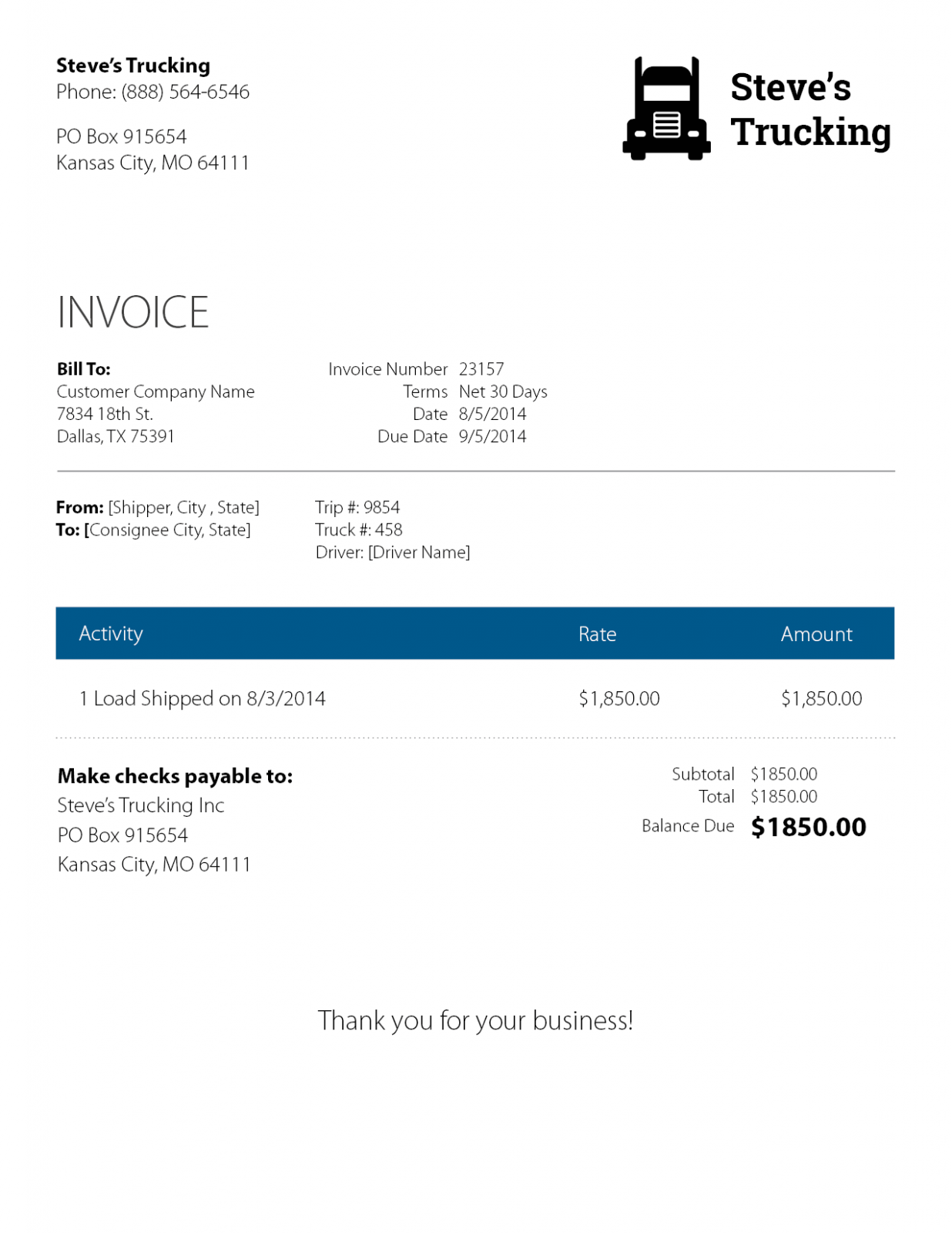 Editable Trucking Company Invoice Template PPT