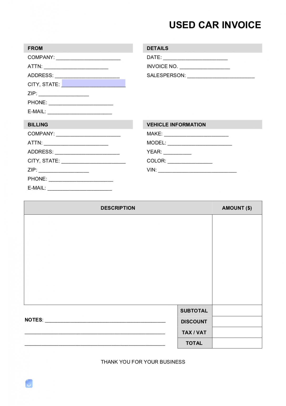 Sample Used Car Invoice Template 