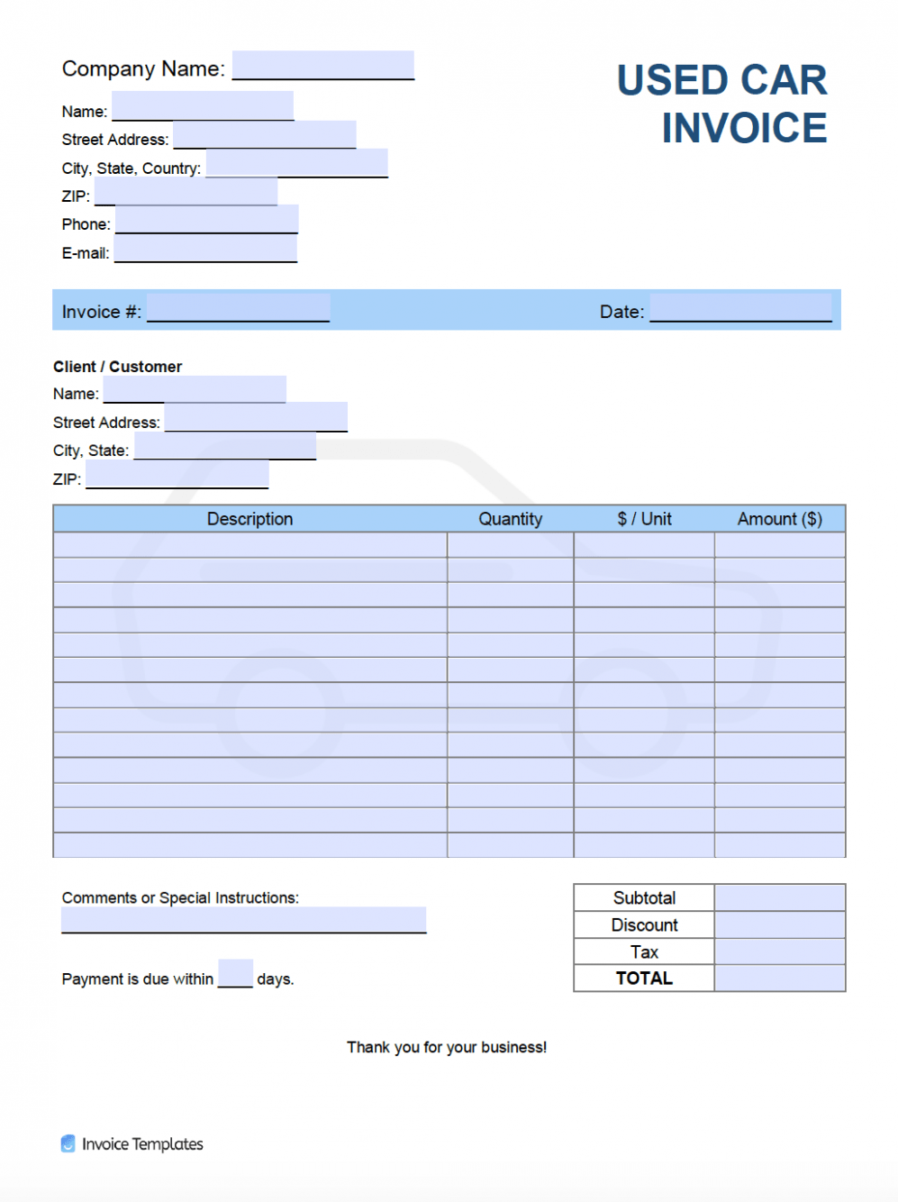 Printable Used Car Invoice Template Sample