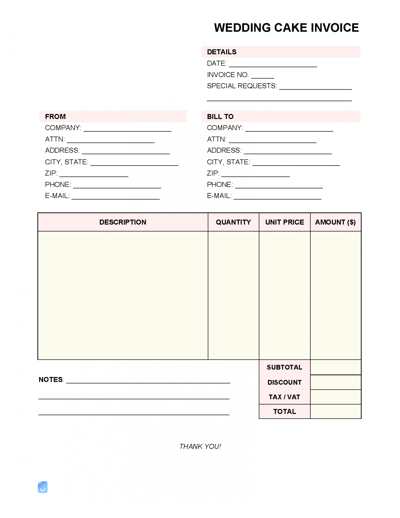 Editable Wedding Cake Invoice Template Excel