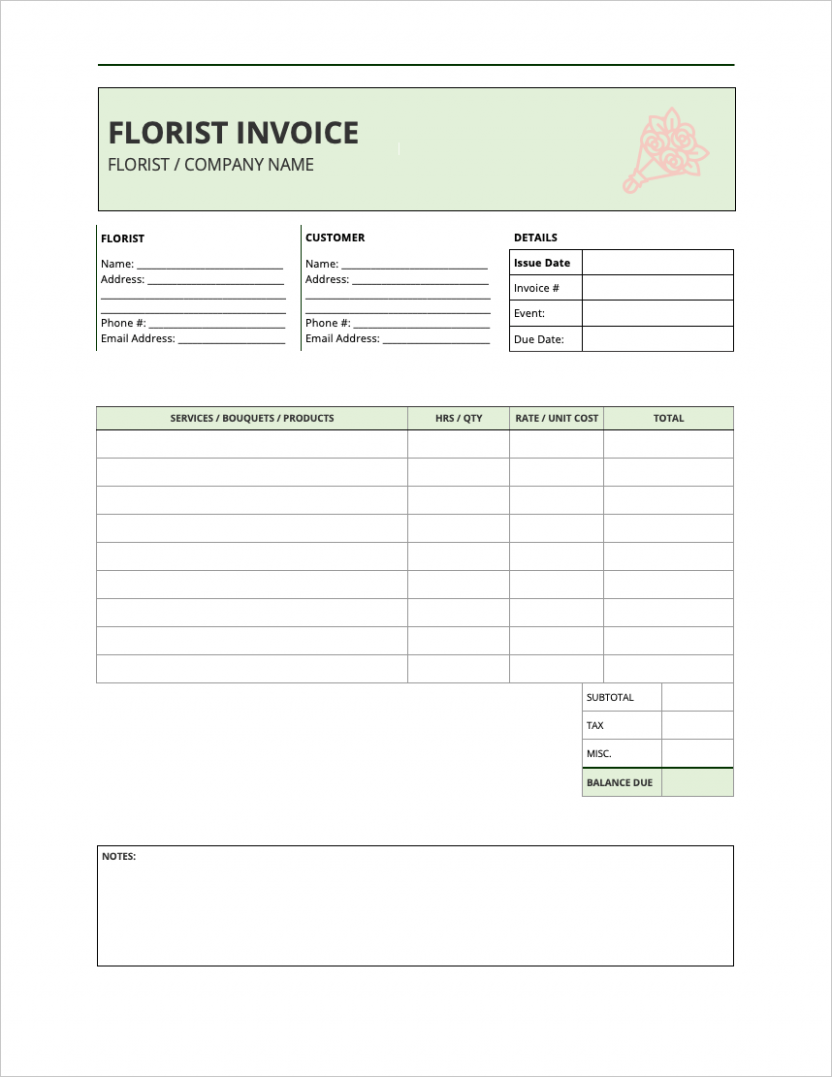 Sample Wedding Flower Invoice Template Excel