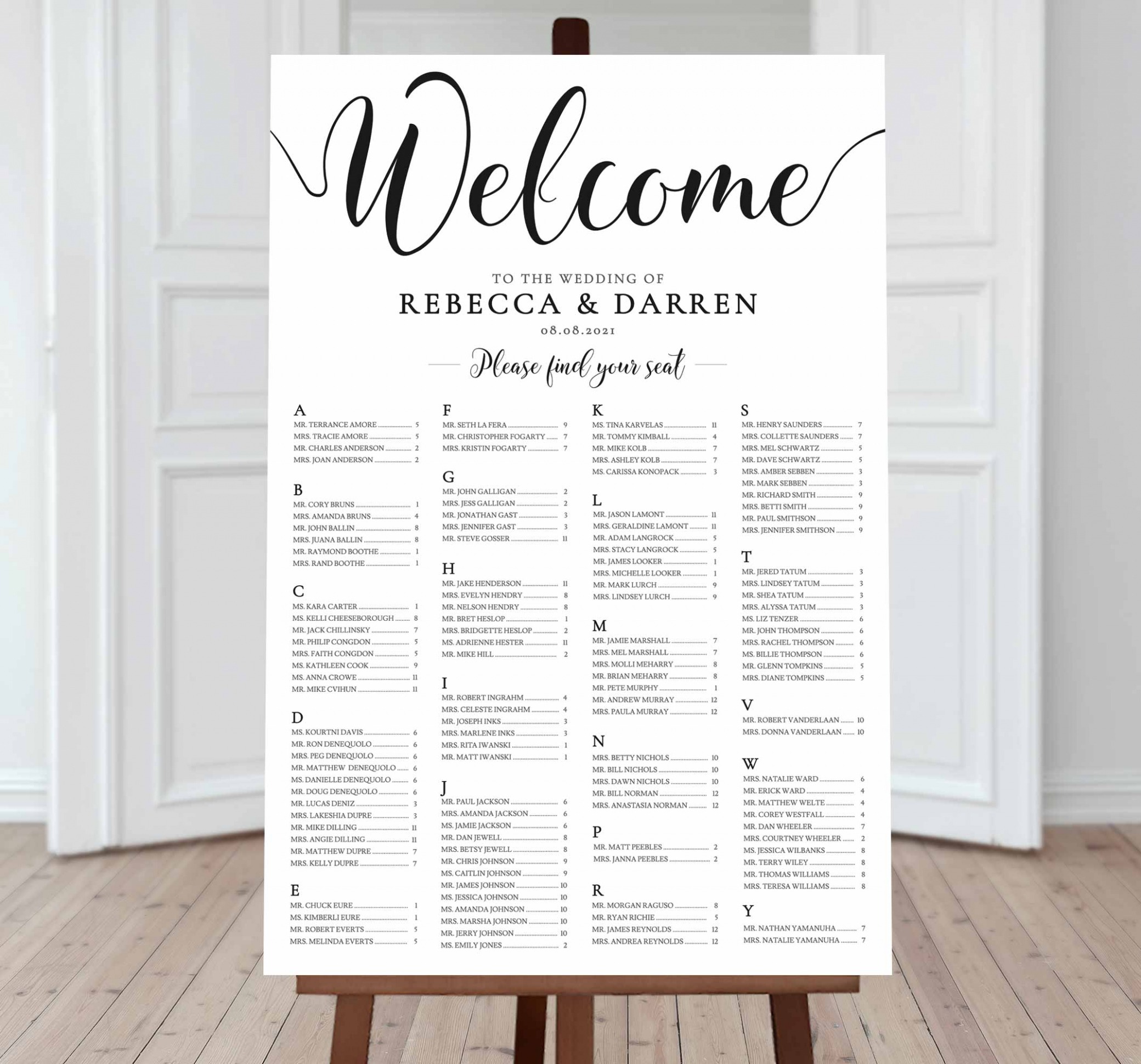 Sample Wedding Seating Chart Alphabetical Order Template Excel