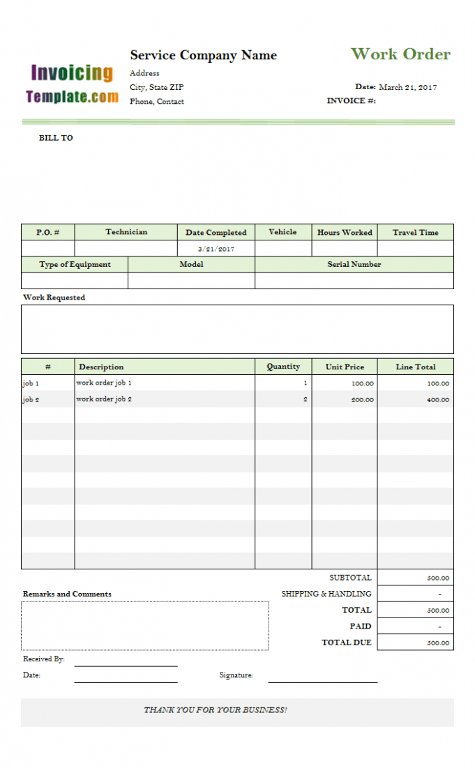 Printable Work Order Invoice Template Excel