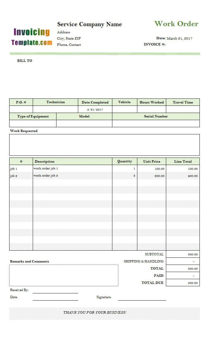 Printable Work Order Invoice Template Excel Printable Work Order Invoice Template Excel