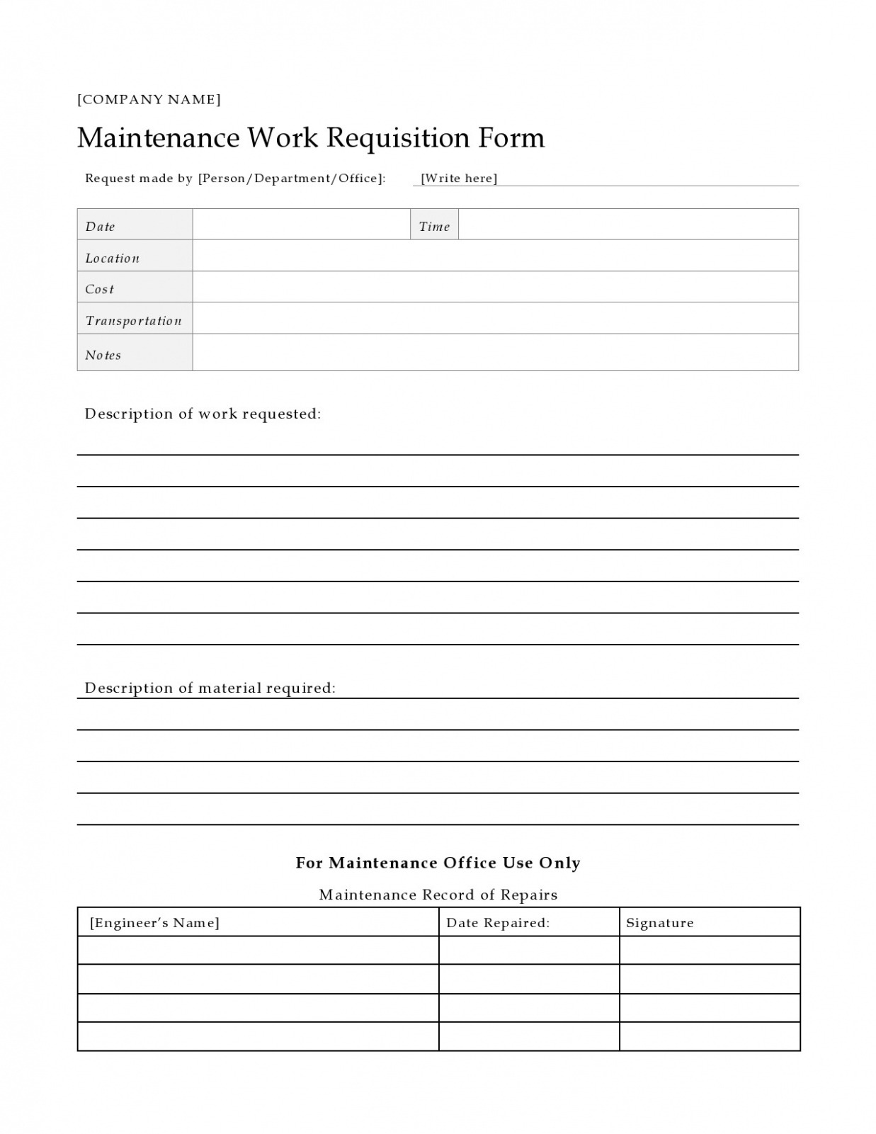 Custom Maintenance Work Order Template  Example