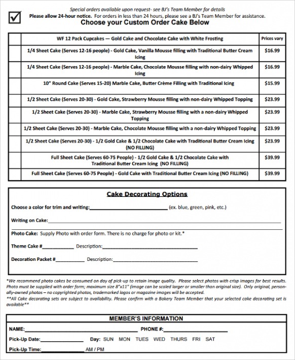 Free Custom 16 Cake Order Form Templates  Sample Templates  Example