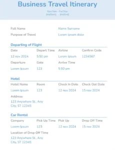 Free Custom Business Travel Itinerary Template  Compatible With Google Docs Doc Example
