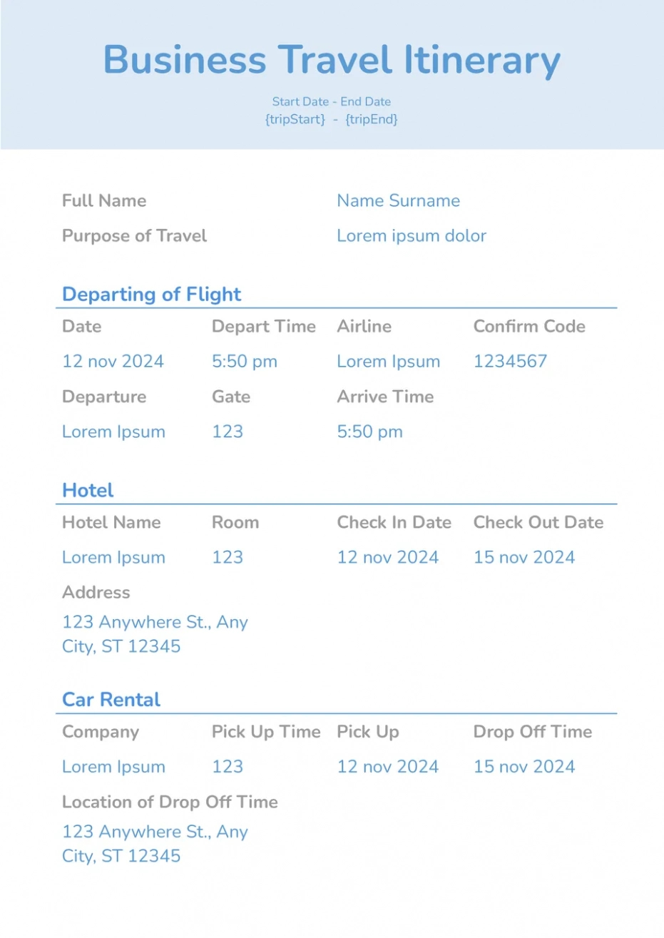 Free Custom Business Travel Itinerary Template  Compatible With Google Docs Doc Example