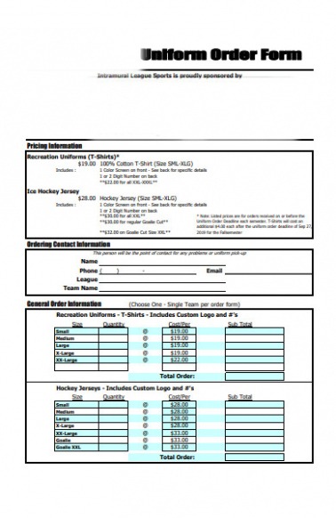 Free Custom Free 22 Uniform Order Forms In Pdf  Ms Word  Xls Doc