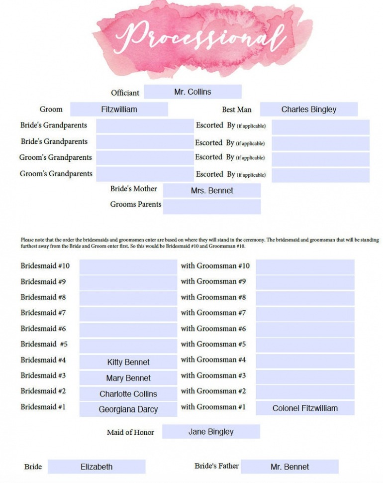 Free Custom Wedding Party Processional Template  Etsy Excel Sample