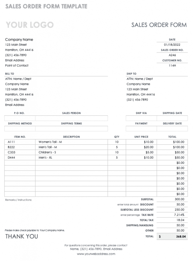 Free Order Form Templates  Smartsheet Doc Example