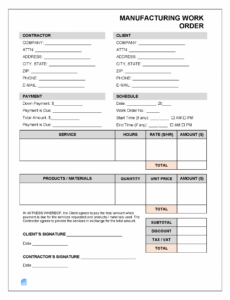 Free Printable Manufacturing Work Order Template Doc Sample