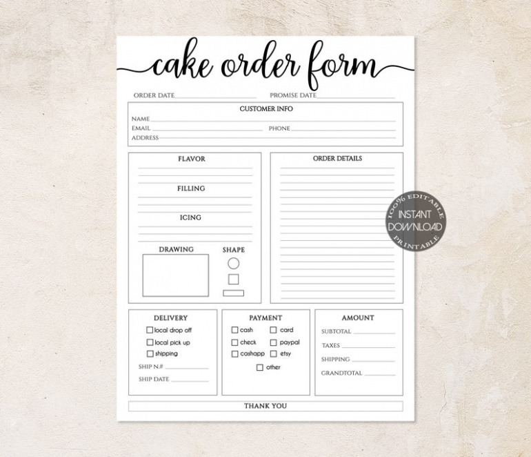 Printable Cake Order Form Editable Order Forms Template Printable  Etsy Word Example