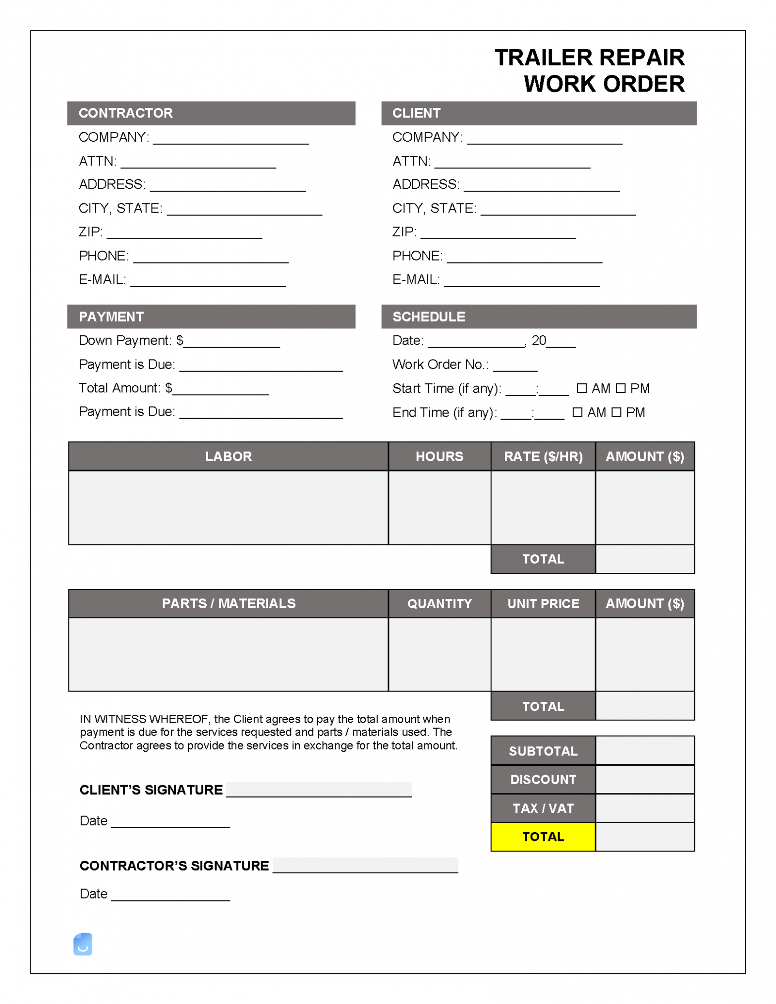 Trailer Repair Work Order Template  Invoice Maker Excel Example