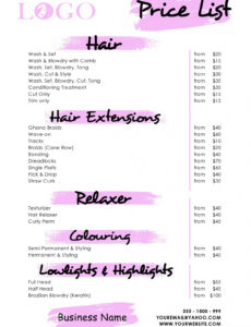free editable salon price list template doc sample