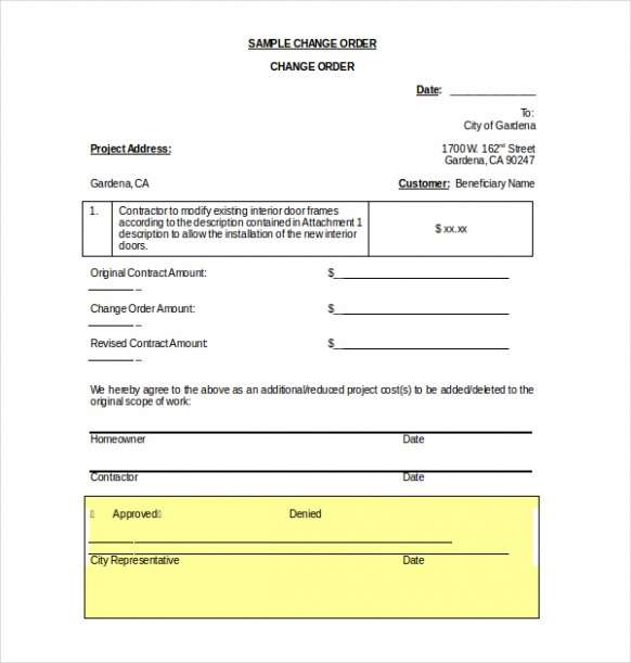 Editable Subcontractor Change Order Form Template Pdf Sample