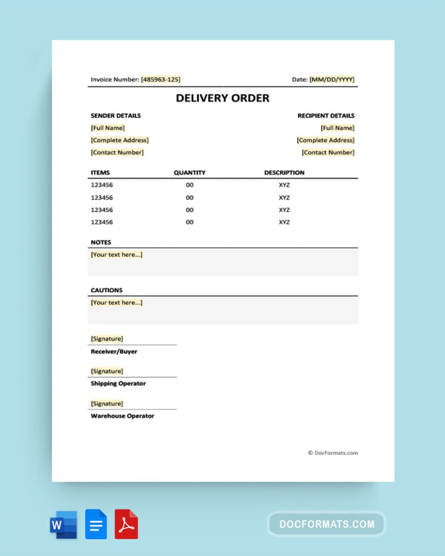 Food Delivery Order Form Template
