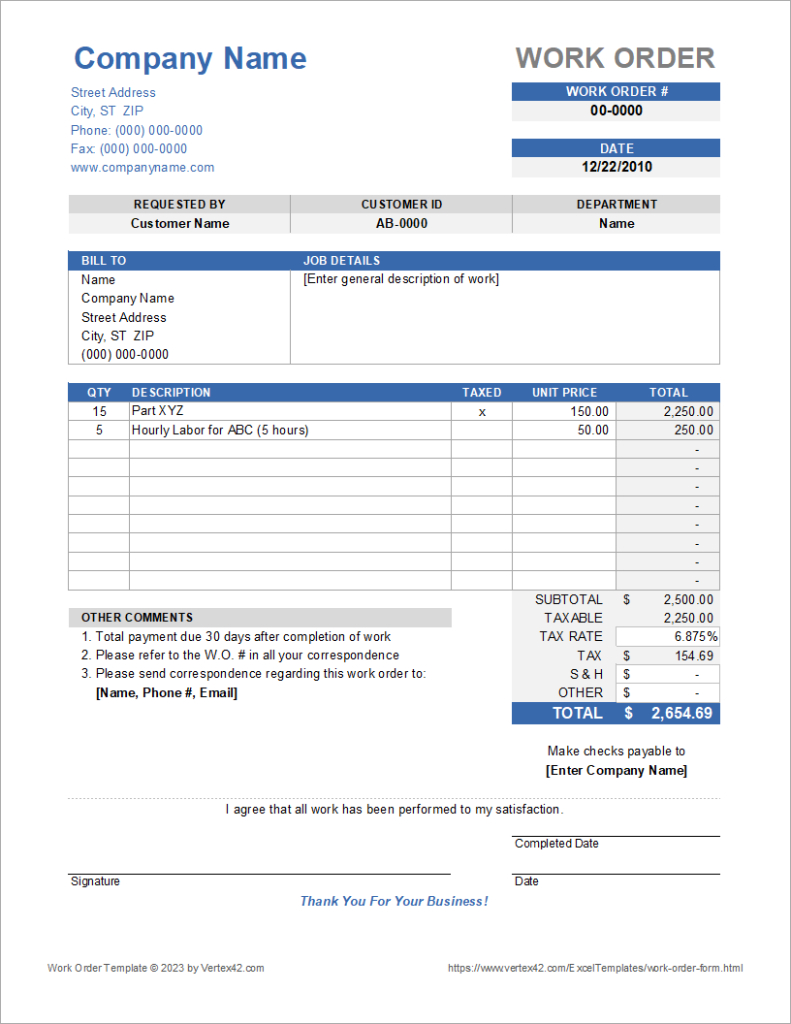 Free Custom Warehouse Work Order Template Doc