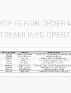 Hand Written Repair Order Template Excel Sample