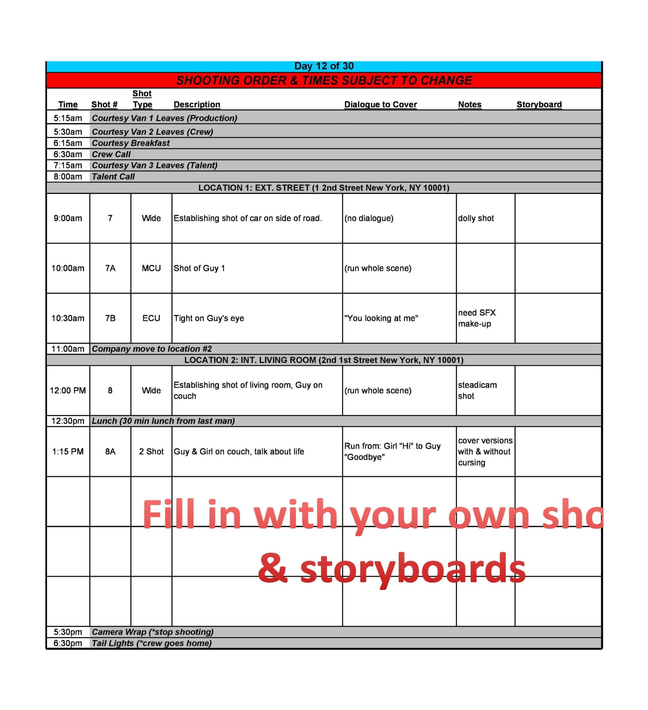 Printable Tv Show Running Order Template Word Sample