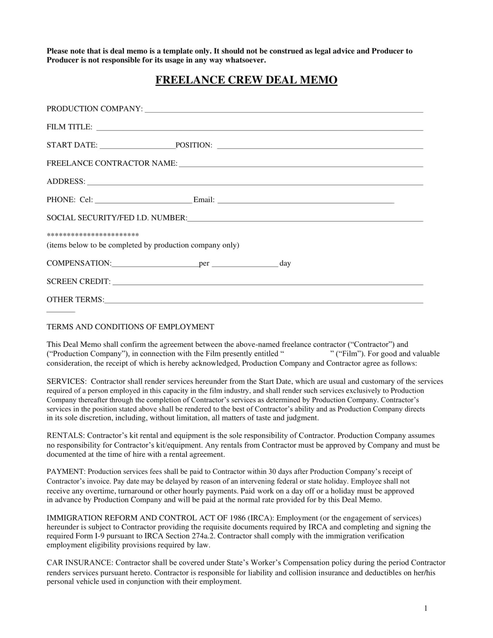 Blank Makeup Artist Deal Memo Template Doc
