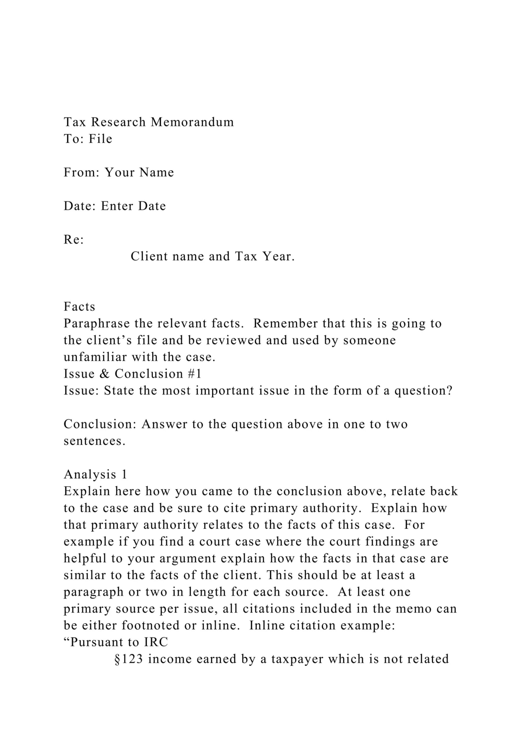 Editable Tax Research Memo Template Doc Editable Tax Research Memo Template Doc