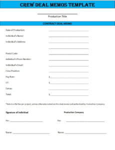 Film Crew Deal Memo Template Excel Sample