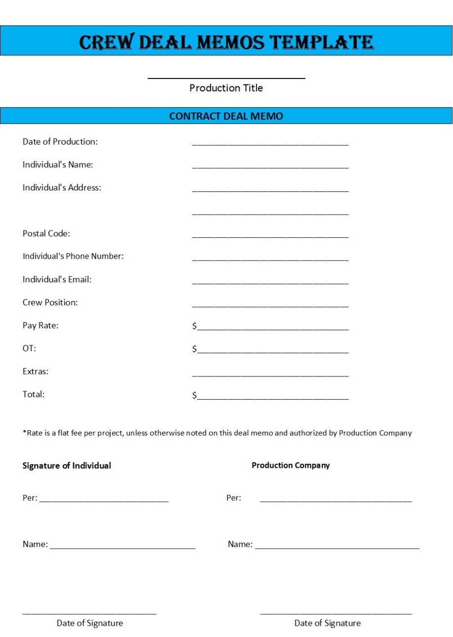 Film Crew Deal Memo Template Excel Sample