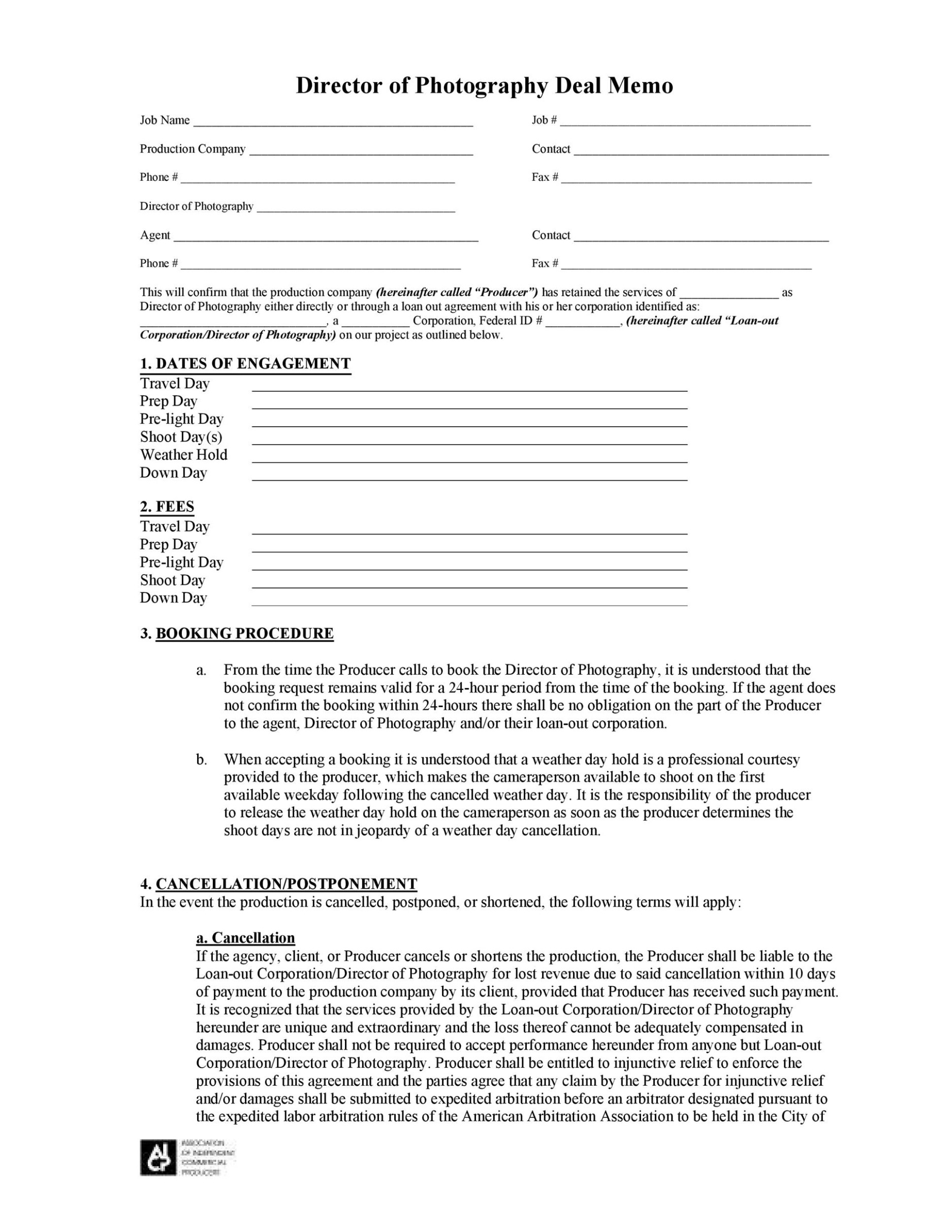Free Printable Film Crew Deal Memo Template Word