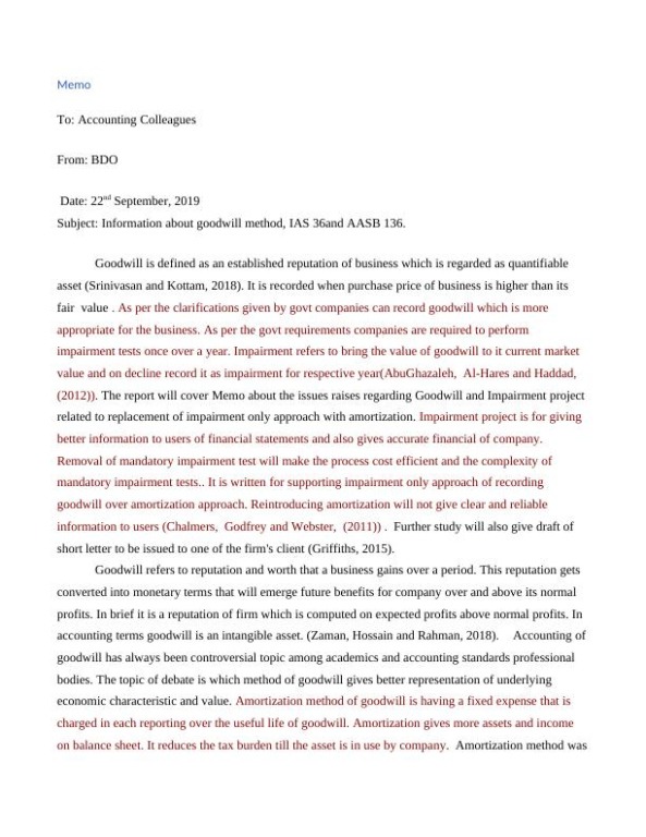 Printable Goodwill Impairment Memo Template Excel Sample